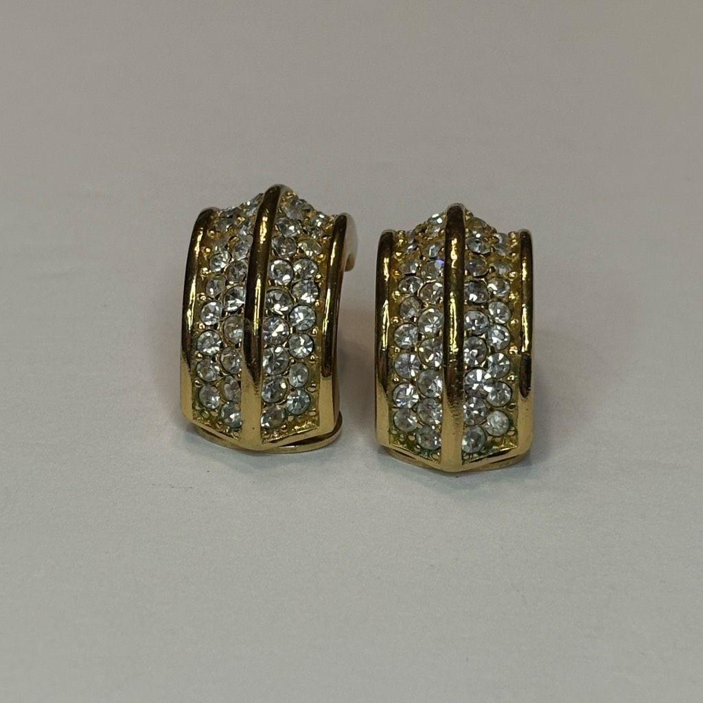 Vintage Christian Dior Gold Tone Pave Crystal Rhinestone Clip On Earrings
